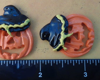 1 Each 1" x 1.25" Halloween Pumpkin - Jack-o-Lantern with Hat Flat Back Resin Embellishment