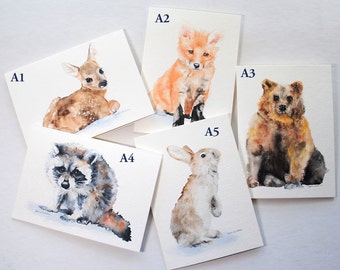 Watercolor Woodland Animal Cards - Mix and Match - Set of 5