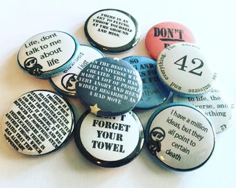 hitchhikers guide to the galaxy set of 1 inch badges pinback buttons - 11 - Don't Panic - Don't forget your towel - Marvin - 42