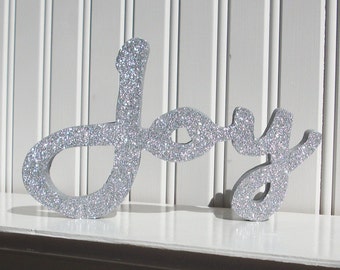 Silver Glitter Joy Letter Sign, Christmas Decoration, Mantle Decoration, Holiday Decoration, Wood Joy Sign