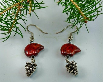 Spirit Bear Czech Glass bead Earrings with Silver Pine cones - 107A