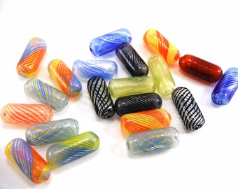 10 Pcs Handmade Blown Glass Cylinder Shape Mixed Colorful Beads 11mm Wide x 26mm Long, 2mm Hole B022