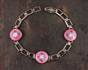 Antique Guilloche Enamel Bracelet -Sterling Silver, Taille Roses