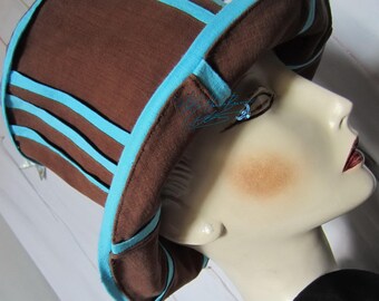 Hat-travel-holidays, chestnut-chocolate and Nile-turquoise linen-cotton, hat-summer-psychedelic