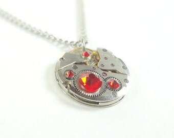 Steampunk Necklace Clockwork Jewelry With Fiery Red Crystals