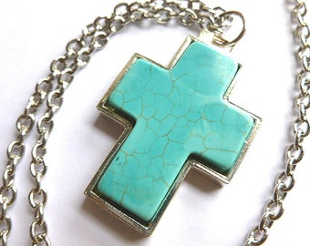 Vintage Silvertone & Turquoise Cross, Turquoise Silver Cross Pendant, Southwestern Cross Necklace, Turquoise Silver Cross and Neck Chain