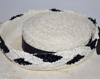Vintage Blue and White Straw Hat, Navy Blue and White Hat, White Straw Hat, Women's Straw Hat, Women's Vintage Hat, White and Blue Straw Hat