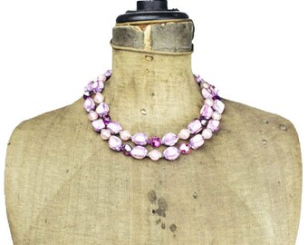 Purple Bead Necklace, Purple Crystal Necklace, Vintage Purple Necklace, Purple Double Strand Necklace