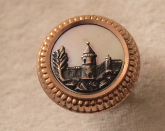 Victorian Bachelor Button With MOP and Castle Scene
