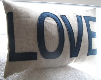 LOVE pillow in oatmeal linen and navy