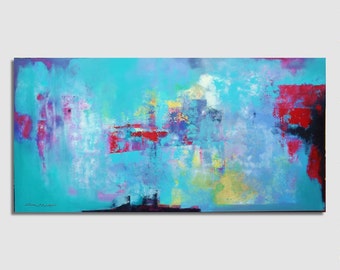 FAIT SUR COMMANDE Abstract painting Vert, bleu, rouge Grande taille 97x195cm / 38x77 pouces Peinture abstraite Originale, Moderne