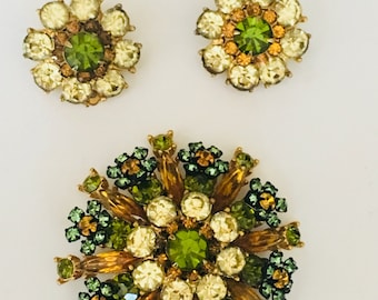 Peridot, Olive, Topaz and Clear Crystal Brooch and Earring Set