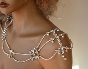 Pearl and Rhinestone Jewelry, Wedding Dress Shoulder, Wedding Dress Accessory, Bridal Epaulettes, Wedding Accessory