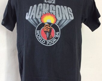 Vtg 1984 Jacksons Concert T-Shirt Black S/M 80s Michael Jackson Five R&B Pop Music