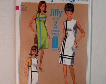 Vintage Simplicity Sewing Pattern 6394, Mod Fitted Dress with Modernist Asymetrical Trim, Size 14 Bust 24, Jiffy Easy and Fast Pattern