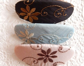 CLEARANCE - Embroidered barrette, oval barrette, ponytail holder, hair accessory, fashion accessory, floral barrette
