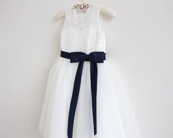 Light Ivory Flower Girl Dress Navy Baby Girls Dress Lace Tulle Flower Girl Dress With Navy Sash/Bows Sleeveless Knee-length