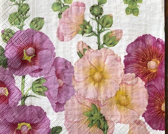 Decoupage Paper Napkins, Floral Napkins, Lunch Napkin, Hollyhock, Collage, Craft, Scrapbooking, Paper Craft, Serviette, Decoupage Paper