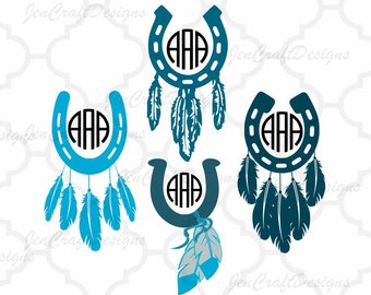 Horseshoe and Feathers SVG Monogram Frames SVG, Dxf, Eps ,Png Instant Download cut files for Silhouette Studio and Cricut Design Space.