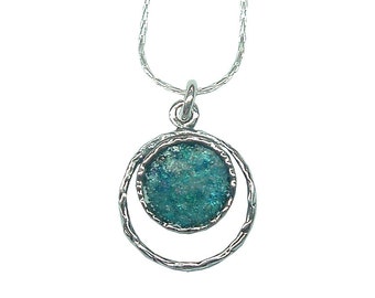 Blue Roman Glass Pendant, 925 Silver Pendant, Roman Glass Necklace, Entwined Circles Pendant, Unique, Artisan, Jewelry, Ethnic Design