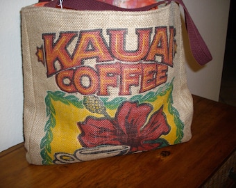 Real Hawaiian Burlap Kauai Coffee Lined Bag (Tote) With Quilted Front