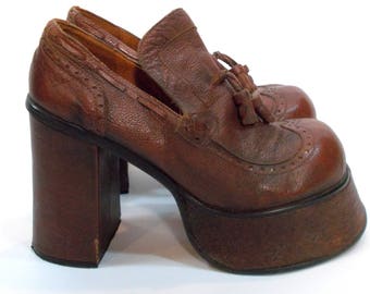 Leather Oxford platform 90s Boho retro 70s vintage shoes size EU 37 Steampunk shoes, womens chunky heel pumps tassel decor Genuine leather