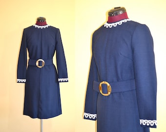 1960s Vintage Joan Curtis Navy Blue and White Belted Dress size M bust 36