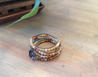 Leather and beaded wrap bracelet