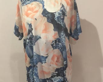 Chiffon Blue and Pink Floral Kimono Top