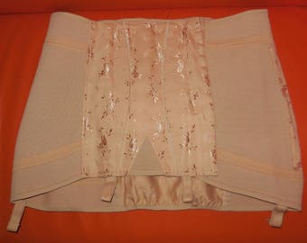 Unworn Vintage 1960s Girdle Satin and Elastic Beige Open Bottom Girdle Garters Floral Brocade Pinup Rockabilly XXL waist to 44 in