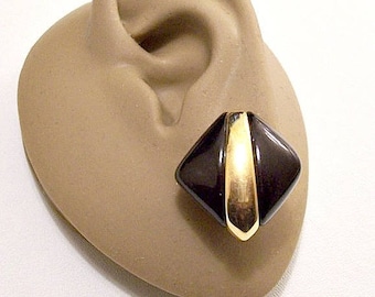 Monet Black Diamond Button Pierced Stud Earrings Gold Tone Vintage Thick Lucite Graduated Center Accent Band Surgical Steel Posts