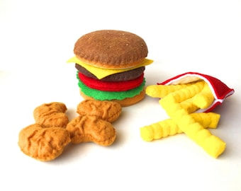 Felt food, Hamburger french fries chicken nuggets set, eco friendly pretend play food play kitchen, felt hamburger, felt bbq, toy hamburger