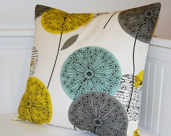 blue teal grey mustard yellow cushion cover, dandelion flower decorative pillow cover 16 / 18 inch