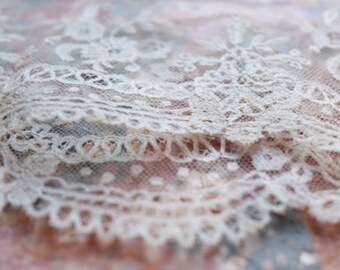 19th C antique Brussels silk lace handmade cream, vintage wedding, costume design, period assembly doll clothing, vintage wedding dress veil
