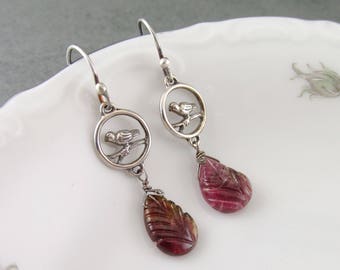 pink tourmaline earrings, handmade sterling silver bird and watermelon tourmaline leaf earrings-OOAK October birthstone