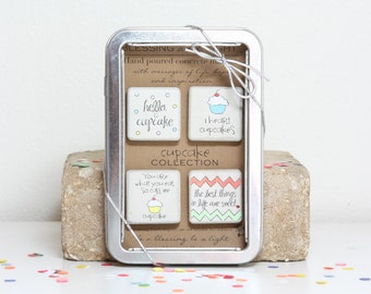 Cupcake Collection. Rustic Refrigerator Magnets1.25 x 1.25 All Occasion Gift. Gift Tin with Ribbon Hand painted Magnets