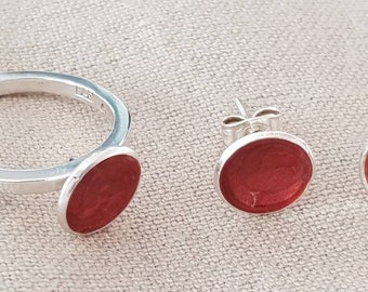 Silver set with red enamel, ring and earrings