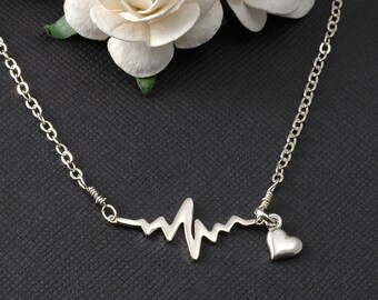 EKG Rhythm Heart Beat Necklace Sterling Silver Gift for Doctor Nurse Firefighter Paramedic EMT Medical Gift