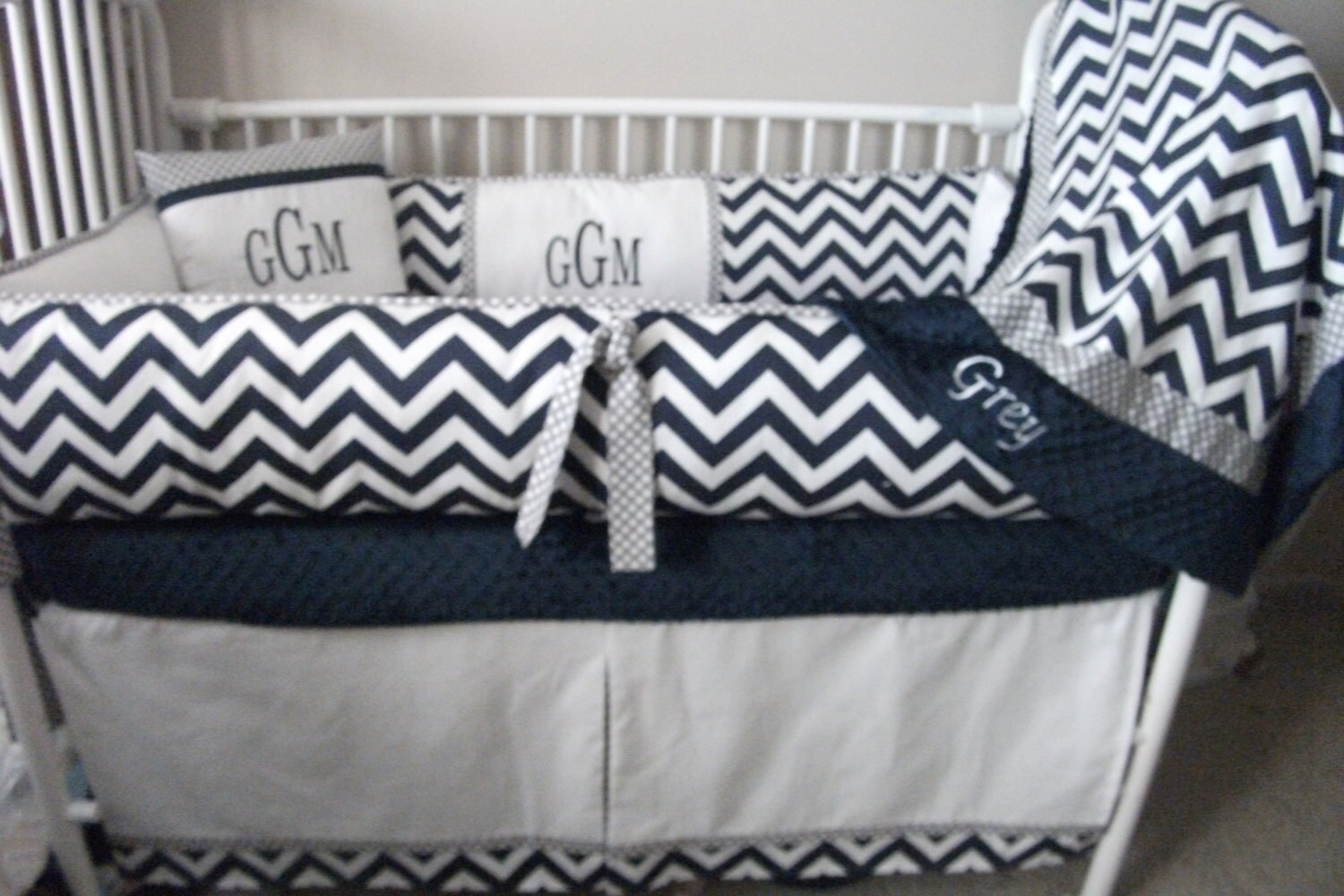 Navy Blue Gray And White Chevron Boy Baby Bedding Crib Set Zoom