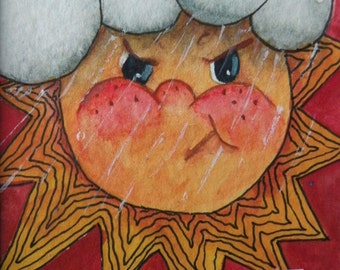 Watercolor Painting Original Art Card of Sun Original Painting Folk Art Card Childrens Art Artist Trading Card