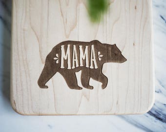 Mother's Day Gift - Cutting Board "MAMA" BEAR Engraved Small Maple Wood Cutting Board with Handle, Wood Serving Board, Paddle Board