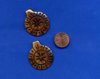 2 Bone Disk Beads with Flower Design, Hand Carved, Number 413