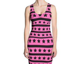 Womens Dress,Stars,Stripes,Pink,Black,Summer,Dresses,Spring,Long,Evening,Printed,Unique,Fashion,Girls,Clothing,Design,Cute Cut & Sew Dress