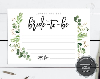 Wedding Advice Card for the bride-to-be template, Instant download printable PDF, bridal shower, mommy, greenery watercolor theme (TEW450_1)
