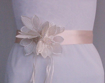 Satin Weddings Dress Belt, Bridal Sash, Champagne, Cream Ribbon, Rose Quartz Wedding, OOAK, Handmade