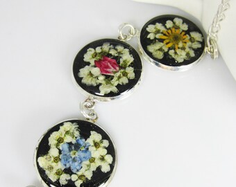 Pressed Flower Bracelet, Adjustable, Real Flowers, Silver Plated Brass, Resin (1963)