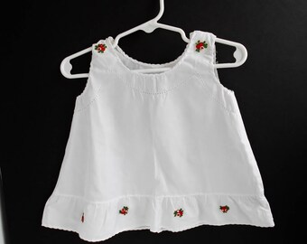 Vintage Baby Dress Slip Undergarment White Cotton Linen Sewn On Little Red Embroidered Flowers Up to 12 Months