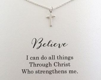 Tiny Cross Necklace, Small Silver Cross Necklace, Sterling Silver Cross Necklace, I Can Do All Things Through Christ, Philippians 4 13, SC1