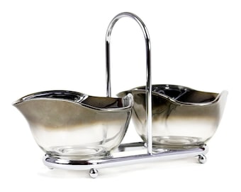 Mid Century Silver Ombre Bowls, Chrome Caddy, Vitreon Queens