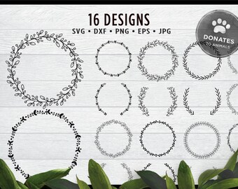 Laurel Wreath SVG Bundle Wreath Clipart Hand Drawn Wreath Clip Art Round Circle Monogram Frame Leaves SVG Bundle Wreath Cut File Bundle Png